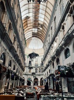 Captivating view of a classic arcade café in İstanbul, showcasing architectural elegance.