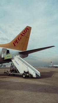 Close-up of a Pegasus airplane tail with airport stairway, under a cloudy sky.