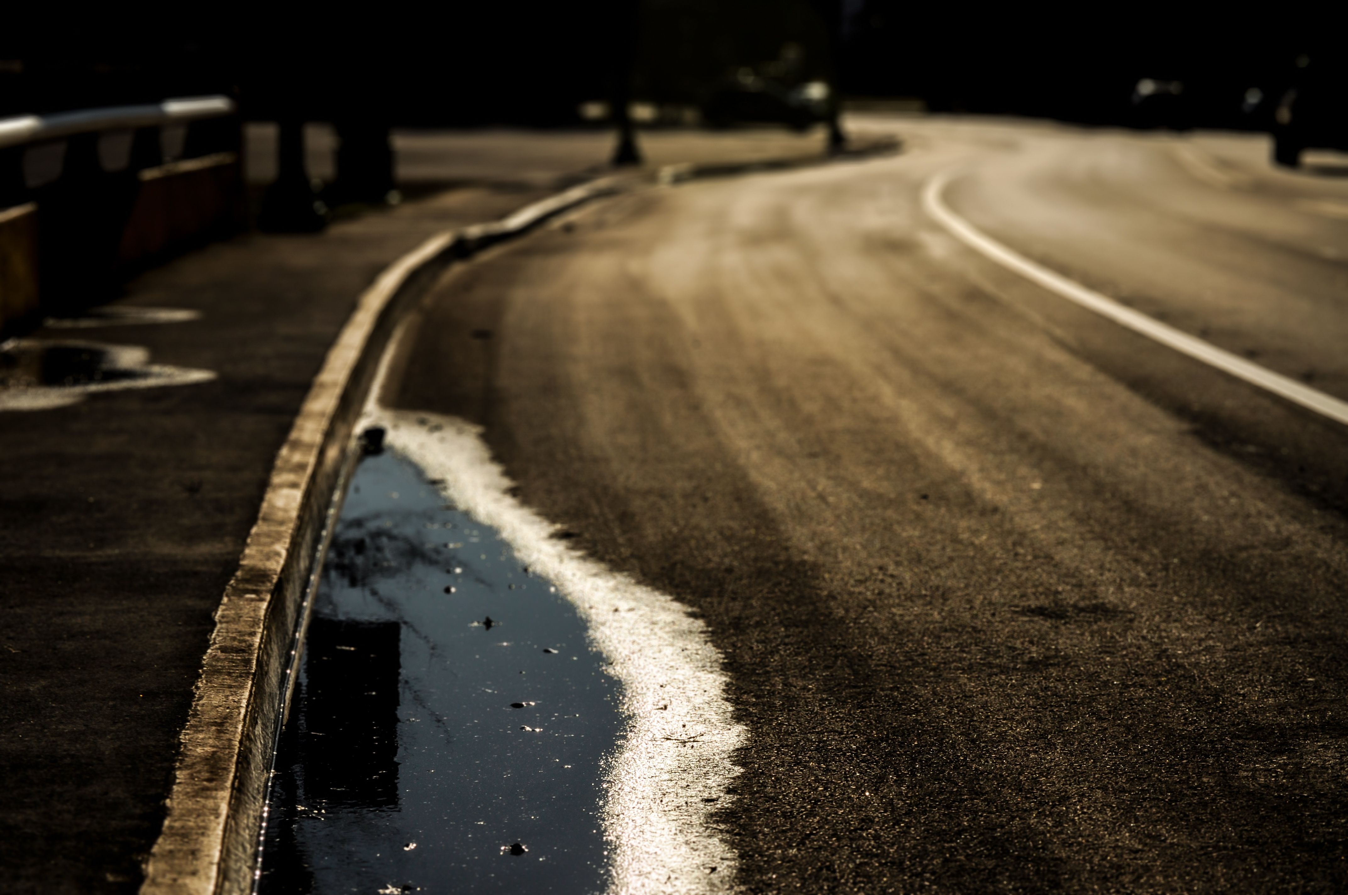 Dramatic shot of a puddle reflecting light on a quiet, curved road in Dayton, TN.