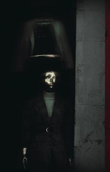 A creepy mannequin with a metallic face in a dark display window, evoking an unsettling mood.