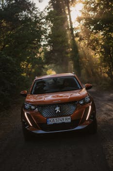 A vibrant orange SUV travels on a sunlit forest path, capturing the romance of a sunset drive.