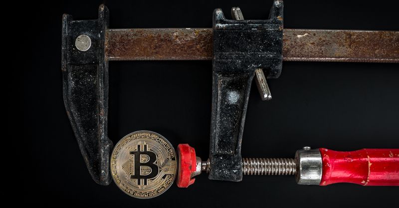 Abstract editorial data-visualization illustration in crimson, downward-flowing tones representing BONK and the broader cryptocurrency market — crypto scenario analysis.