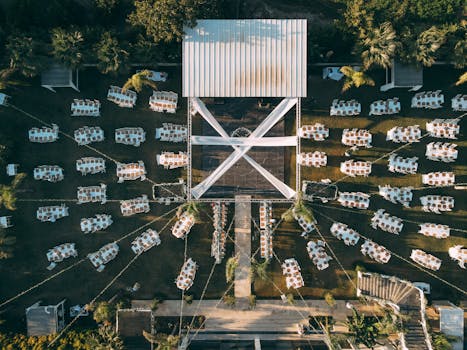 Stunning aerial shot of a neatly arranged outdoor event setup in Güzelbahçe, İzmir, Turkey.