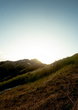 A serene view of mountains with the sunrise casting a soft glow over grassy hills.