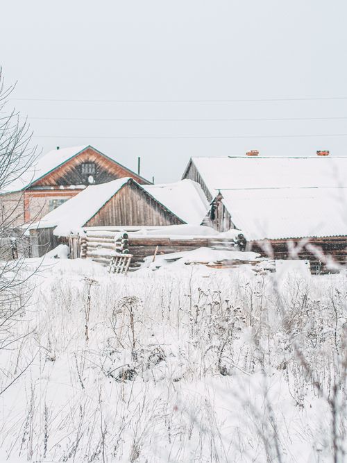 Free Idyllic snow-covered rural village scene with rustic wooden houses in winter countryside. Stock Photo