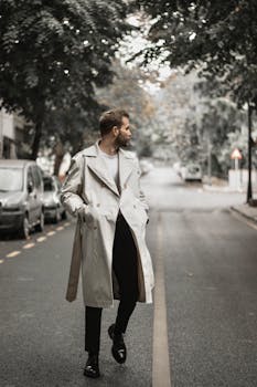 Fashionable man in trench coat walking on a street in Istanbul, surrounded by trees.