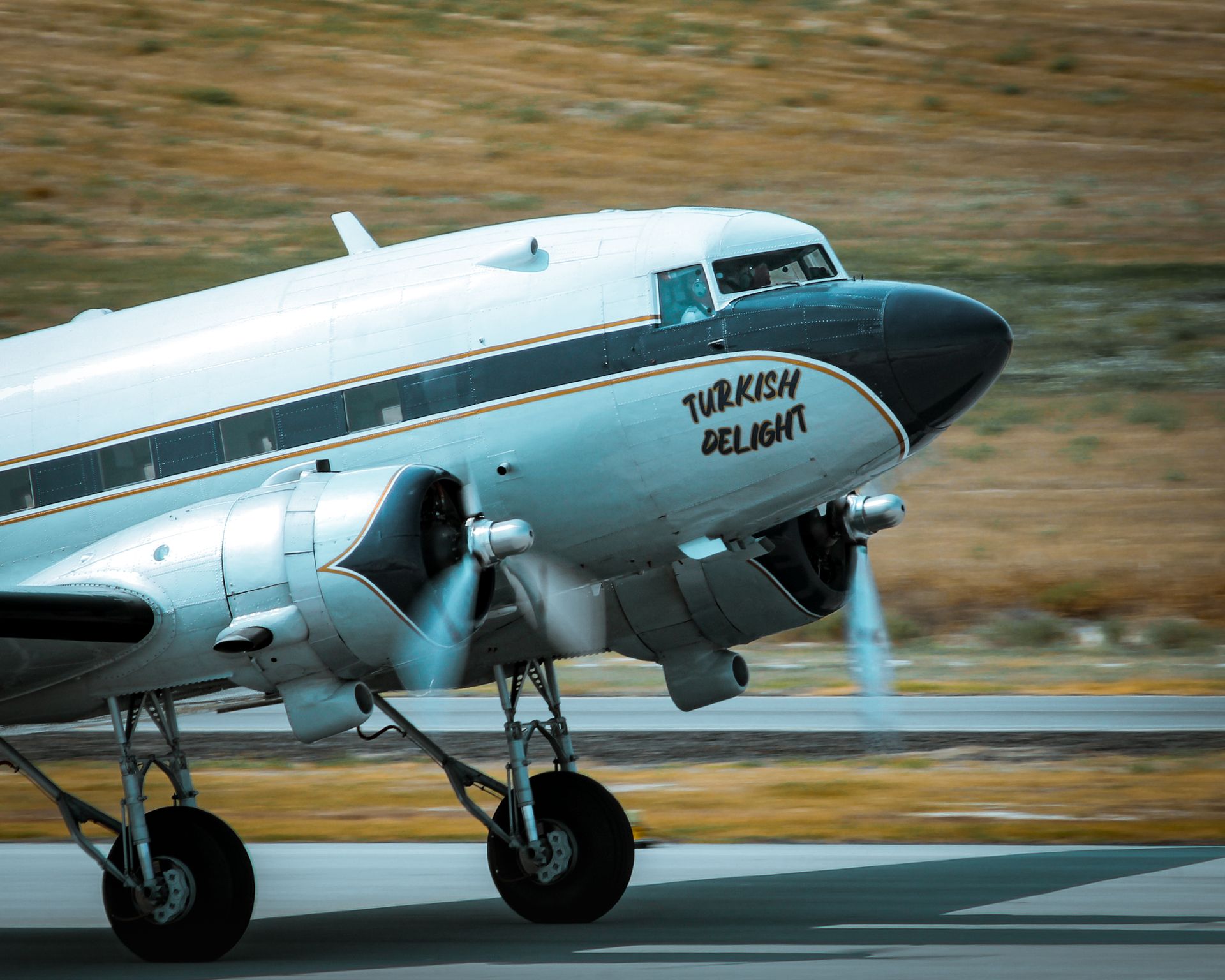 Classic DC-3 airplane 'Turkish Delight' taking off from Eskişehir, Turkey.