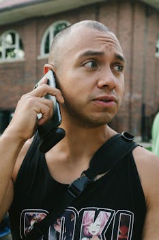 A man in a black tank top is talking on his smartphone outside a brick building.
