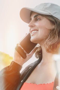 Young woman enjoying a phone call outdoors on a sunny day with sunflare effect.