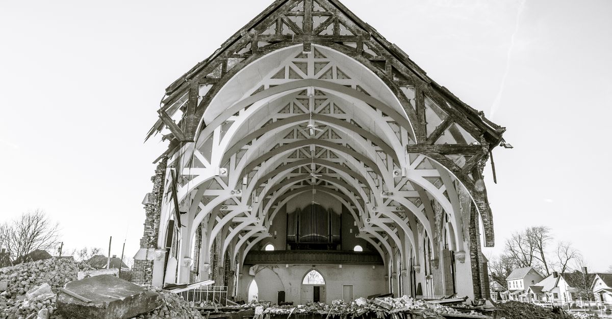 Partially demolished church showing exposed architecture in Columbus, IN.