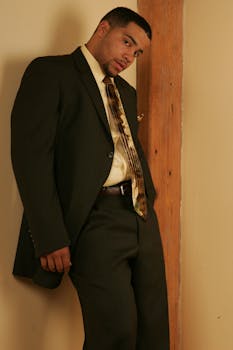 Formal portrait of a man in a black suit leaning against a wooden wall with a confident pose.