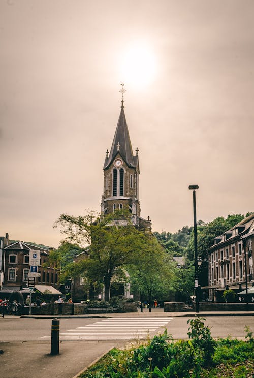 Bruine En Groene Kerk In De Buurt Van Boom Onder Witte Luchten