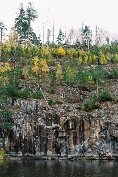 Free A vertical shot of a cliffside with autumn trees and a river, highlighting natural beauty. Stock Photo