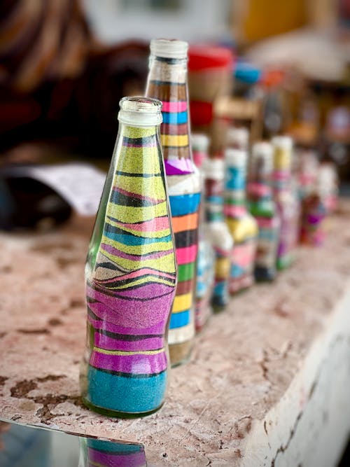Free stock photo of bottle, colored sand, colorful