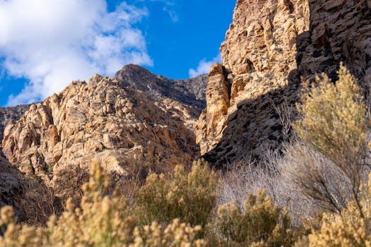 Stunning rocky mountains under a blue sky in Nevada, highlighting nature's rugged beauty.