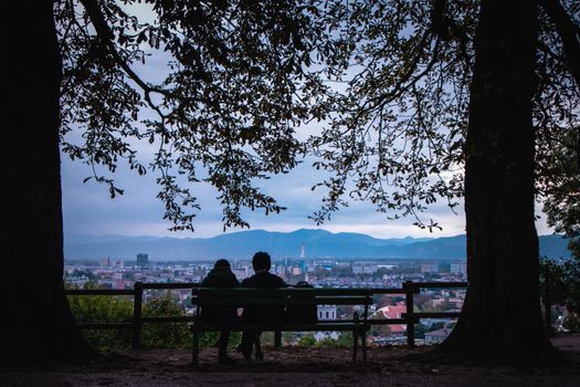 A serene view of a couple sitting on a bench under trees overlooking Ljubljana cityscape.
