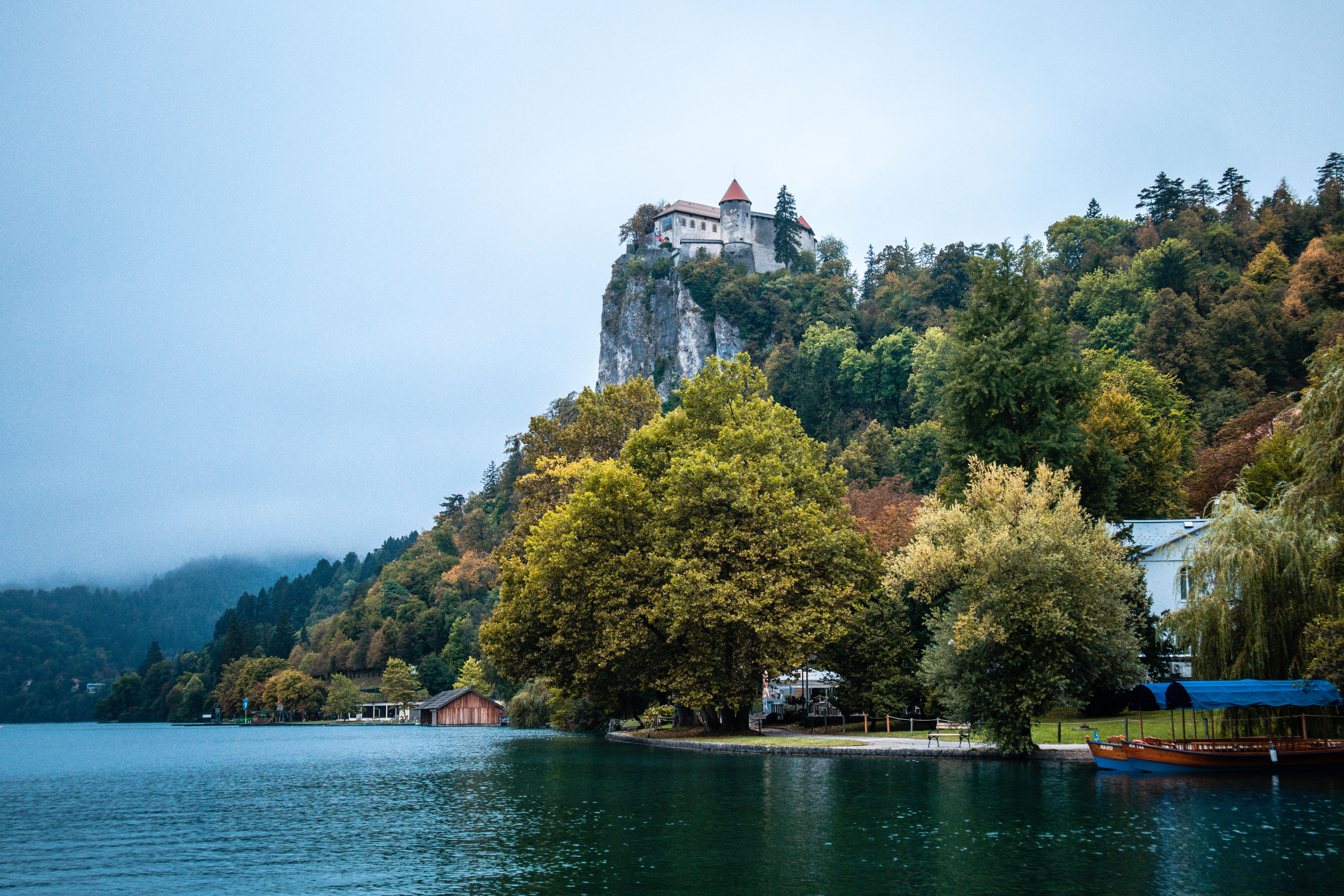 Bled Castle Perched On A Clifftop With Serene Lake And Lush Forest Surroundings, Offering A Picturesque View.
