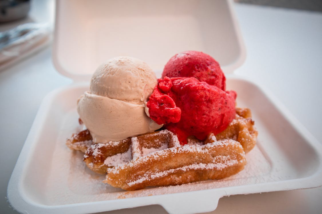 Brown Waffle with Ice Cream on Styrofoam 