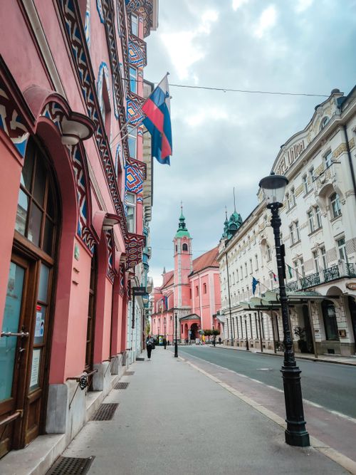 Free Charming street view in Ljubljana, Slovenia with vibrant architecture. Stock Photo