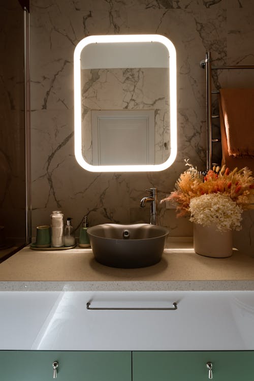 A Bathroom Sink and Lighted Wall Mirror