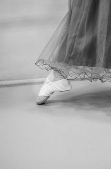 Elegant black and white photo of a ballet dancer in pointe shoes on tiptoe, showcasing grace and poise.