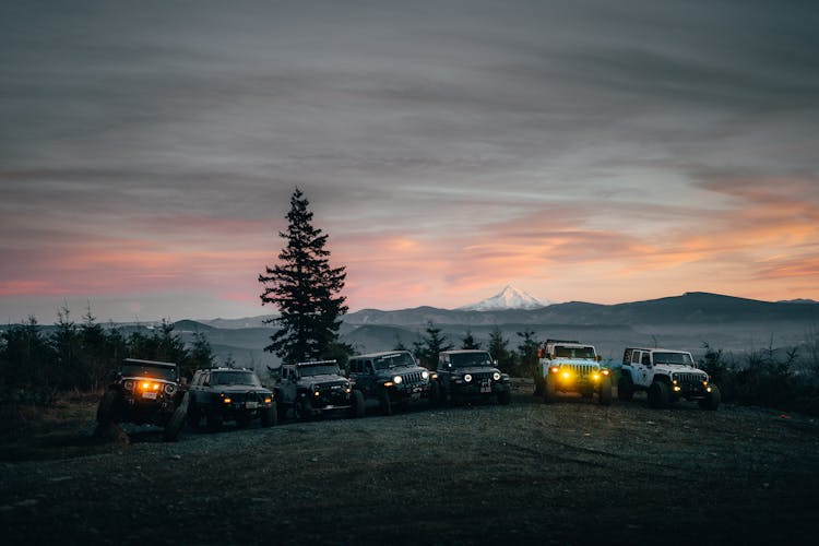 Jeeps In A Row With Lights On And Mountain Landscape In Mist