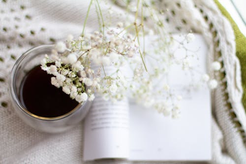 White Flowers Above an Open Book and a Clear Cup of Tea