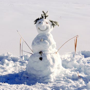 A happy snowman with twig arms in a snowy, sunlit field in Tirol.