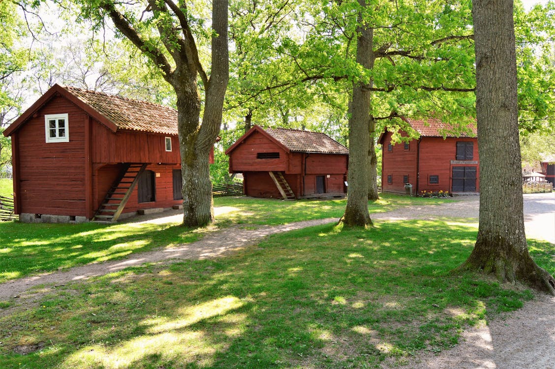 Three Brown Wooden Cabins