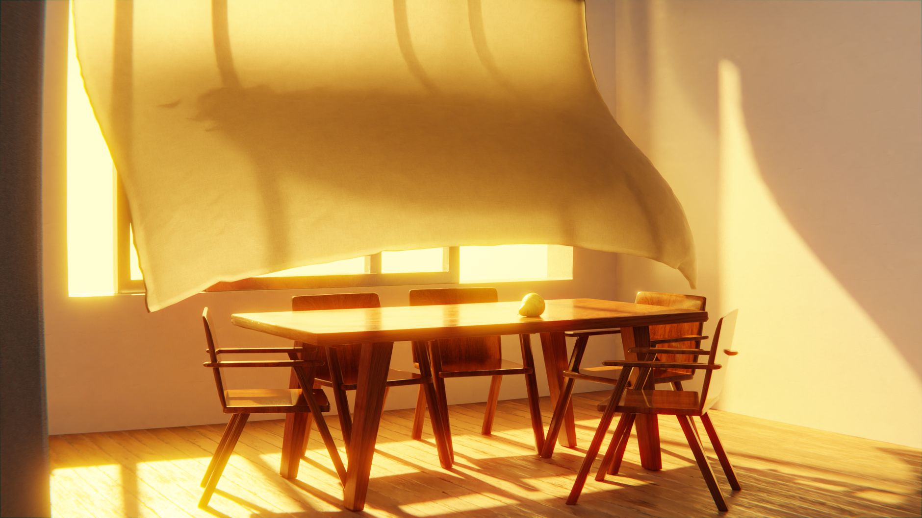 風大窗簾一直飄怎麼辦?訂製時防風設計一步到位 Cozy sunlit dining room featuring wooden furniture and a billowing curtain in a serene indoor setting.