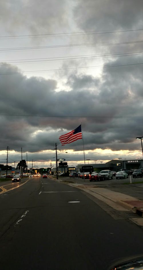 Free stock photo of american flag, road, town