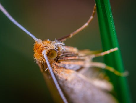 这张宏观照片详细展示了一只栖息在绿叶上的飞蛾，其复杂的特征清晰可见