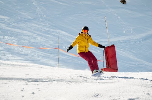 A Person in Yellow Jacket Skiing on a Snow Covered Ground