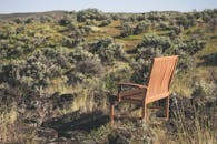 在爱达荷州博伊西的乡村，一把孤零零的木椅坐落在风景优美的自然景观中