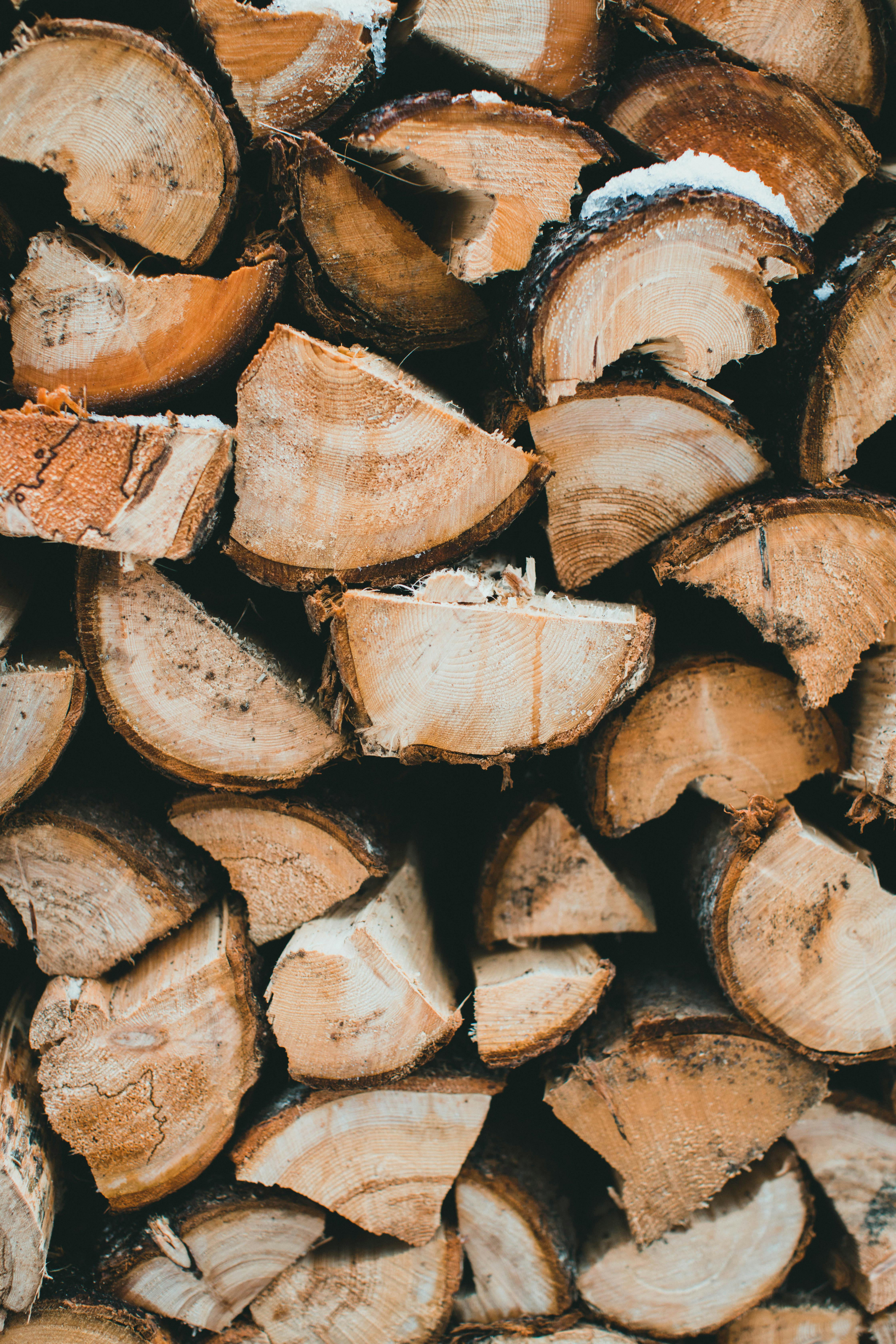 Close-up image of stacked firewood showing textures and patterns.