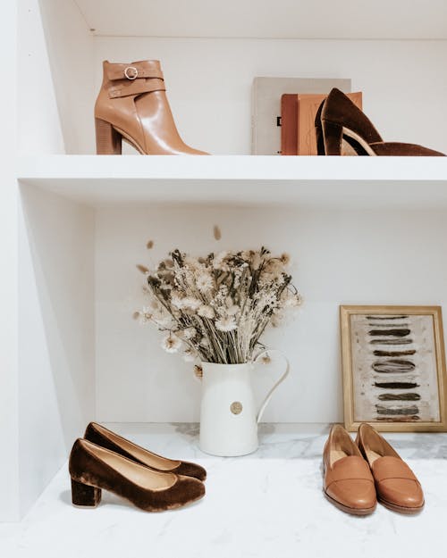 Brown Leather Peep Toe Heeled Shoes on White Shelves