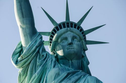 Free Detailed view of the Statue of Liberty's face and crown in New York City. Stock Photo