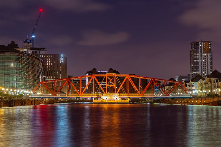 The Red Detroit Bridge In Salford Quays Manchester, England, United Kingdom