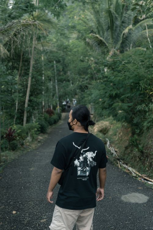 Free Back view of a man wearing a face mask on a forest path, surrounded by lush greenery. Stock Photo