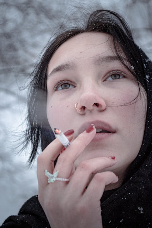 Close-Up Shot of a Woman Smoking a Cigarette