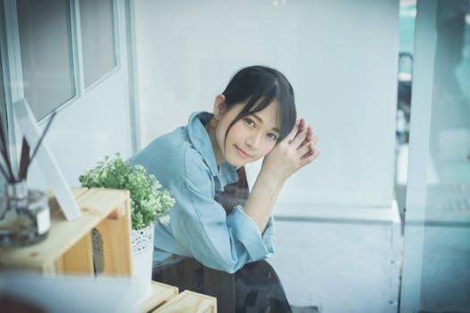 Portrait of a young woman relaxing indoors, showcasing a serene expression and cozy surroundings.