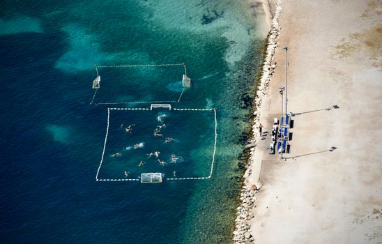 Aerial View of People Playing the Water Polo on a Beach in Omis, Dalmatia, Croatia