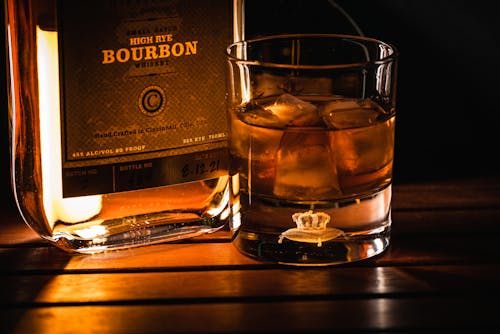 Close-Up Shot of a Bourbon in a Glass with Ice