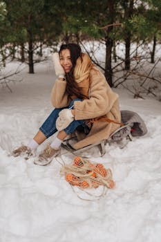 Young woman sitting in snowy forest with oranges, smiling and wearing cozy winter clothing.