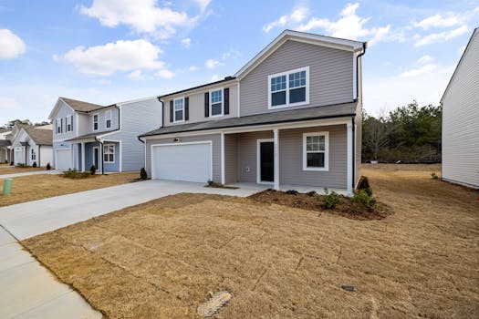A modern suburban home with a garage, under a clear blue sky, features a dry grass lawn.