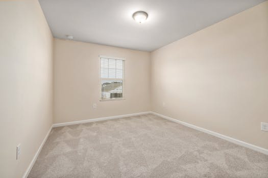 A minimally decorated room with beige carpet and natural light from window blinds.