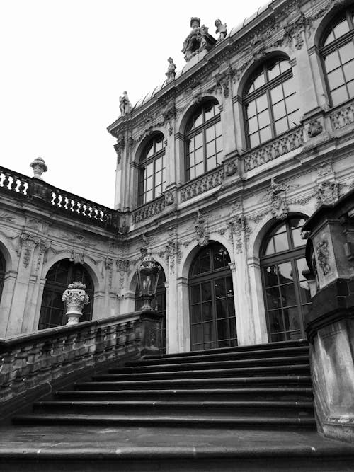 Grayscale Photo of Zwinger Palace in Dresden