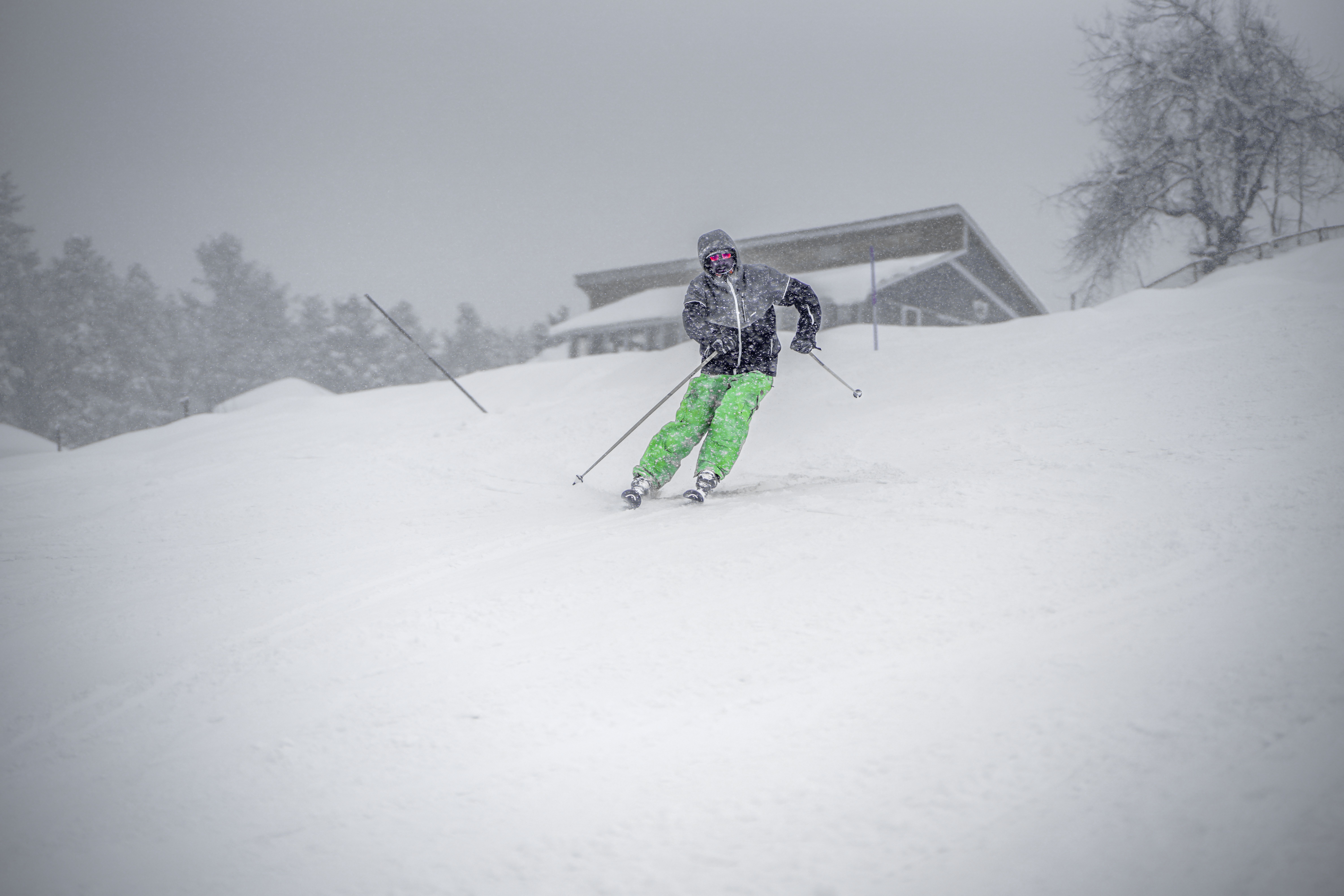 Capture of a skier in vibrant green pants skiing downhill in snowy weather.