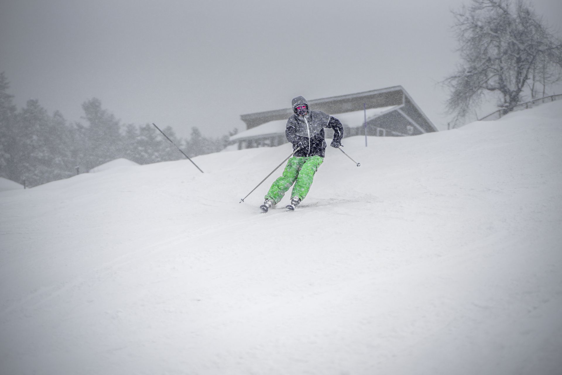 Capture of a skier in vibrant green pants skiing downhill in snowy weather.