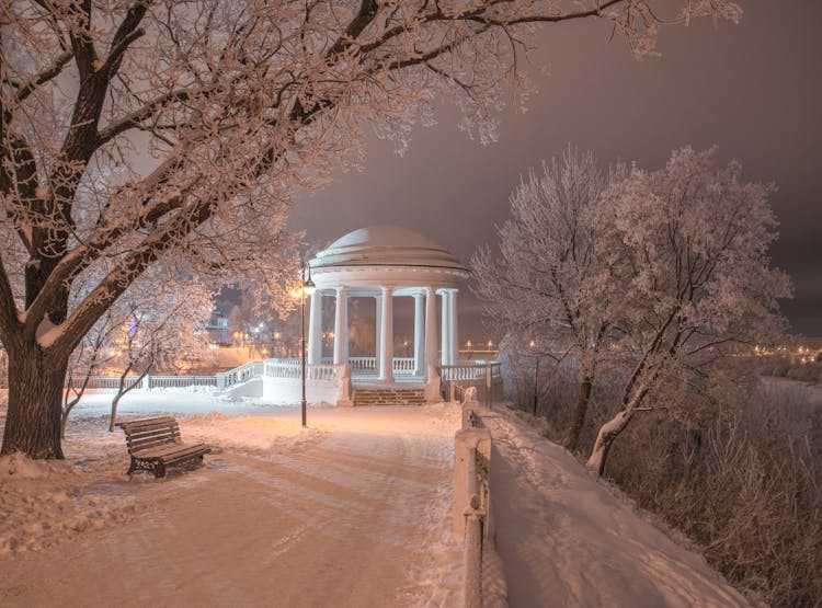 Gazebo In Winter Park At Night